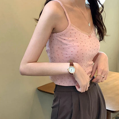 Women Tops Summer Girls Tops Short Slim Lace Sweet Print Crop Top Ladies Bottoming Cute Tops Top Mujer Top Femme