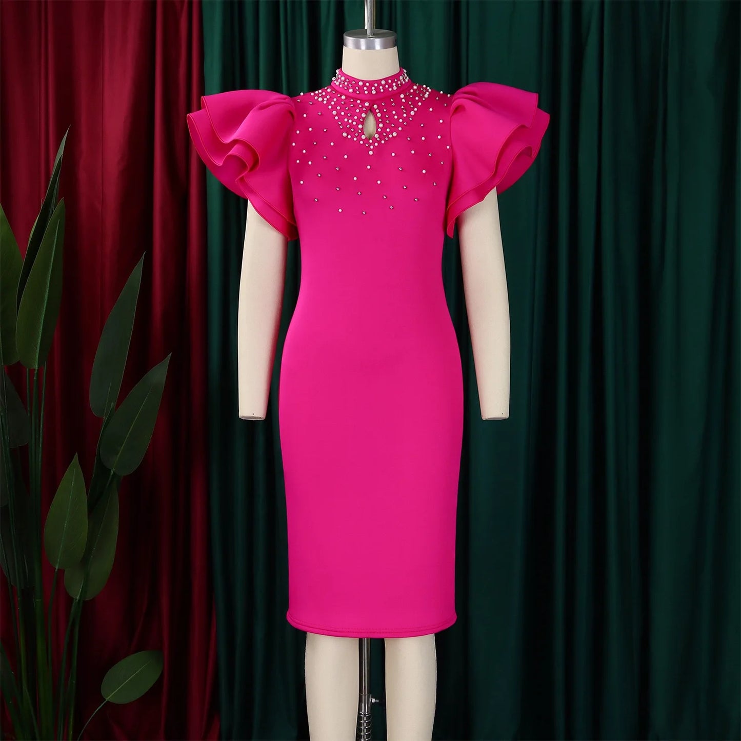 Elegant Dresses for Women O Neck Ruffles Sleeve Beaded Sheath Package Hips Mid Calf Luxury Birthday Party Dinner Vestidos Mujer