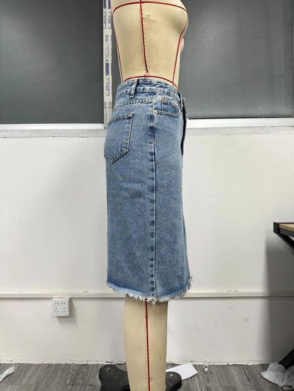 Fashion Midi Cotton Denim Skirt Women 2024 Casual Slim High Waist Asymmetrical Blue Jean Skirts Y2k Faldas Elegant