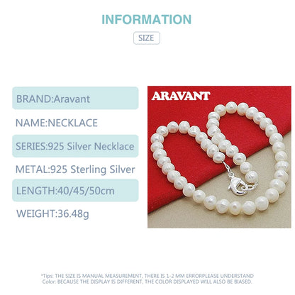 Aravant 925 Silver 8MM White Pearl Necklaces Chains For Women Fashion Jewelry Gifts