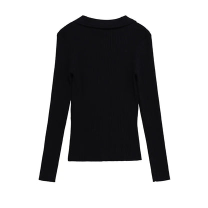 Women's Tops New Fall 2025 Solid Color Long Sleeve Lapel Slim Knit Top Sexy V-Neck Design Casual Fashion Personality Versatile