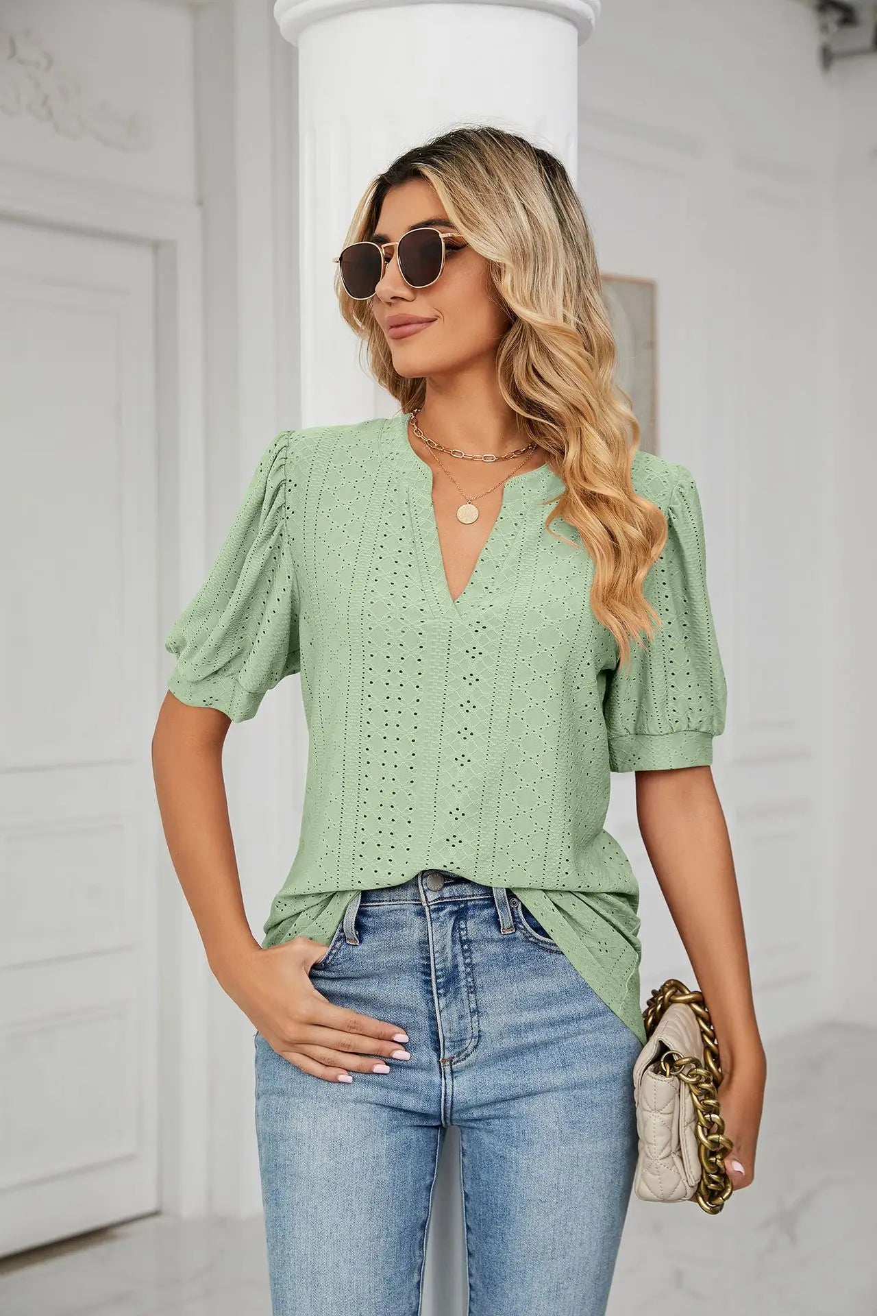 Womens Tops V Neck Ruffle Sleeve Blouses Short Sleeve Casual Tops T-Shirts for Women Autumn Winter