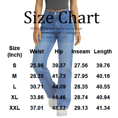 Jeans Women Straight Long Pants Casual Floor Length Mom Pant Blue High Waist Elegant Zipper Fly Pockets Slim Y2k Denim Trousers