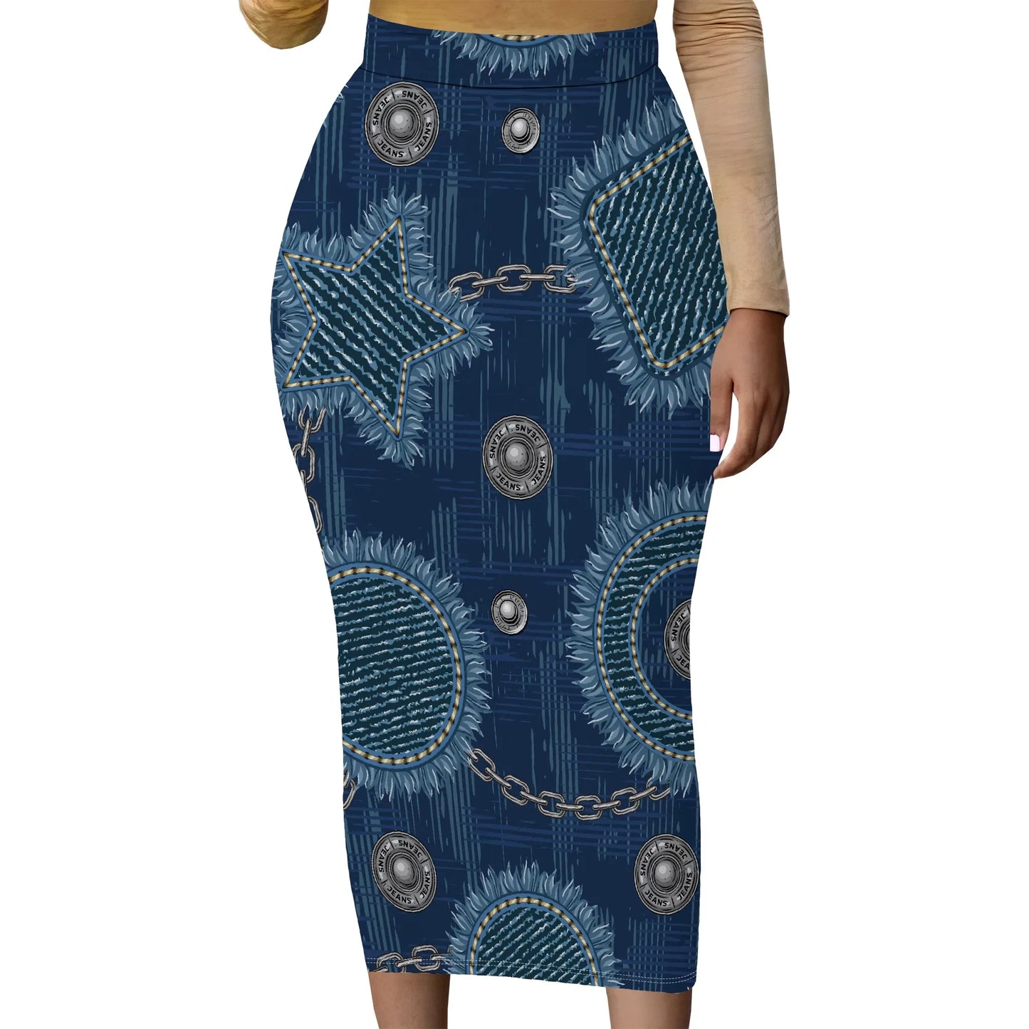 Womens Long Cotton Patchwork Stretch Denim Skirt a Line Flared Jean Maxi Skirt