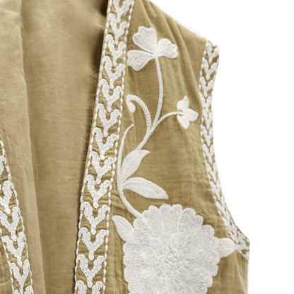 Women Vintage Embroidered Crop Vest Top Y2K Boho Floral Sleeveless Open Front Cardigan Flower Linen Vest Waistcoat Gilet Outwear