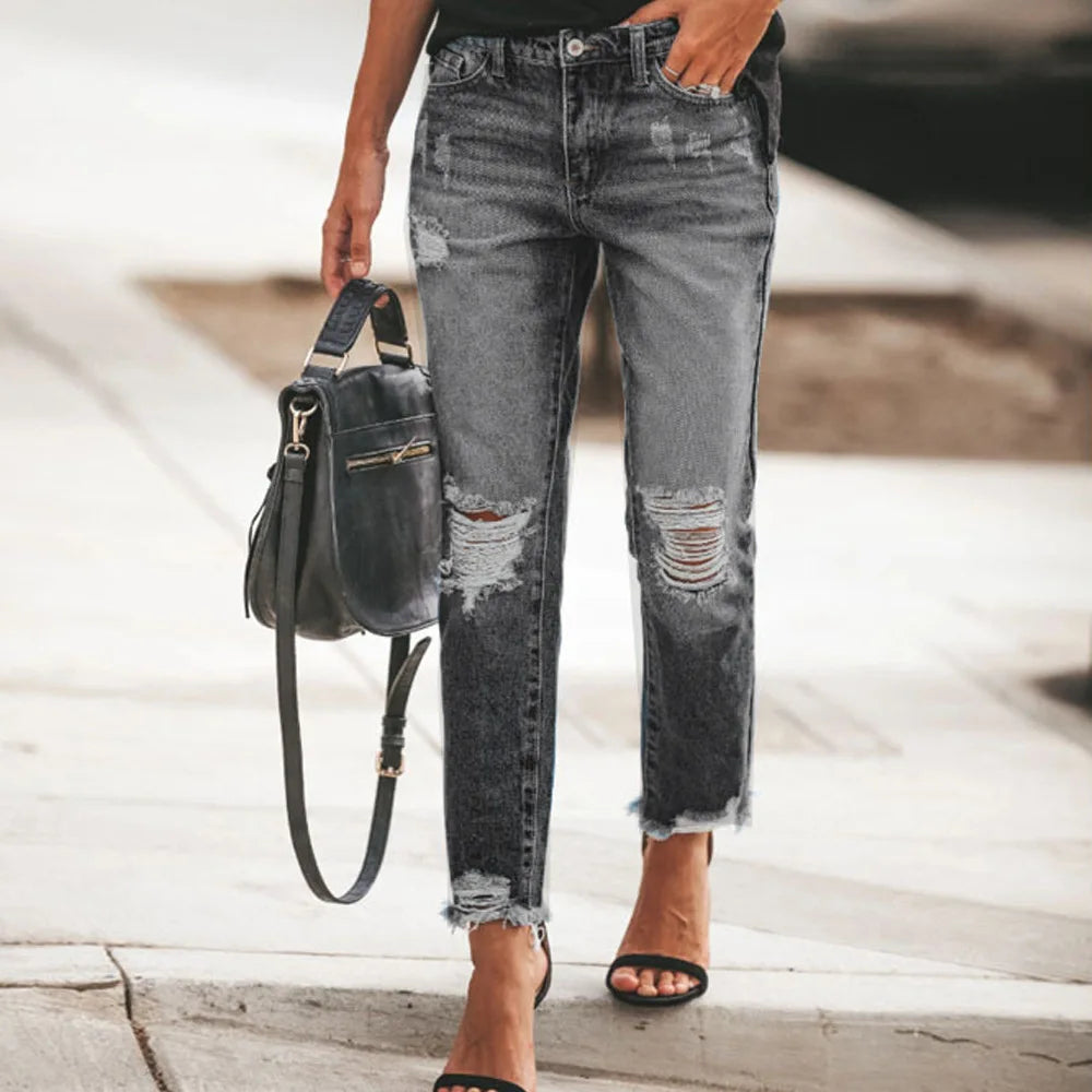 2023 New Women's Mid Waist Ripped Jeans Fashion Casual Ankle-Length Denim Straight Leg Pants Gray/Blue S-2XL Drop Shipping