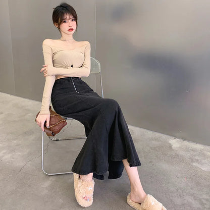 Long Denim Skirt for Women High Waist Autumn Blue Slim Jean Fishtail Skirt Korean Fashion Skinny Solid Elastic Slit Skirt Women