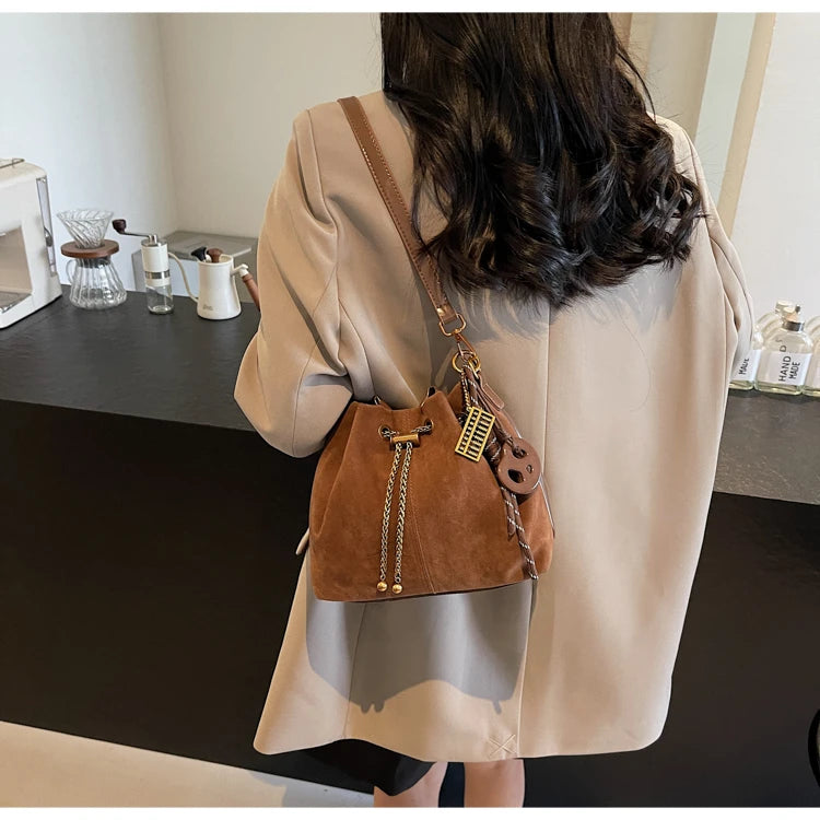 Women Vintage One Shoulder Bag Frosted Solid Drawstring Soft All-Match Bucket Bags High-Grade Versatile Commute Crossbody Packs