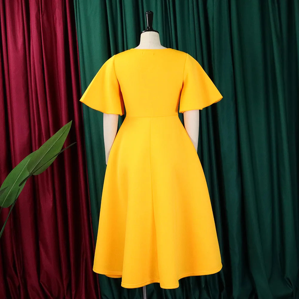 Dress Women Sexy Dresses White Round Neck Flare Sleeve Party Sheath Pleated High Waist Work Elegant Bodycon Mid Length Vestidos