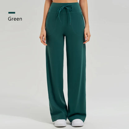 Women's High Waist Yoga Pants Gym Loose Running Yoga Pants Double Side Brushed with Pockets Pants Ties