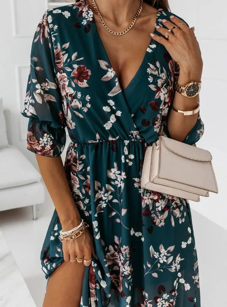 Women Dresses Sexy V Neck Retro Print Chiffon Maxi Dress Fashion Elastic Waist Side Splits Robe Elegant Long Sleeve Loose Dress