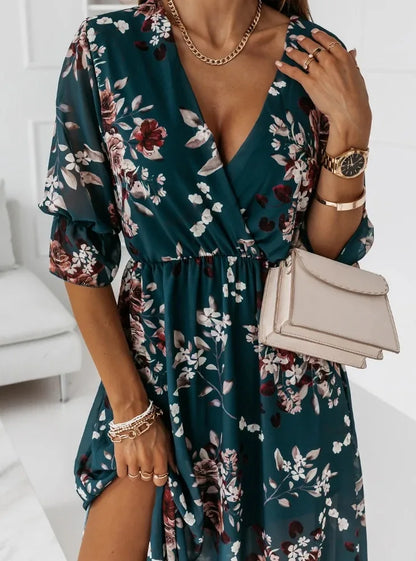Women Dresses Sexy V Neck Retro Print Chiffon Maxi Dress Fashion Elastic Waist Side Splits Robe Elegant Long Sleeve Loose Dress