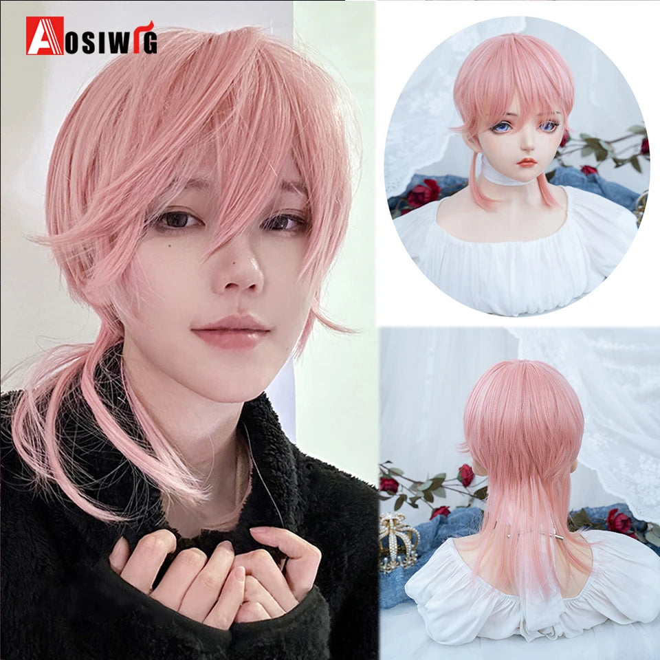 AOSIWIG  Short Curly Cosplay Men Boy Party Light Yellow Synthetic Heat Resistant Hair Wigs Men's Breathable Wig