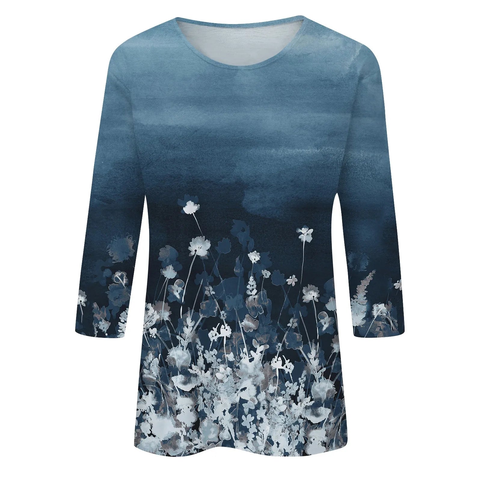 2024 Women Summer Tops Comfortable T Shirt Fashion Flower Print Round Neck 3/4 Sleeve Tops Soft Versatile Pullover Ropa De Mujer