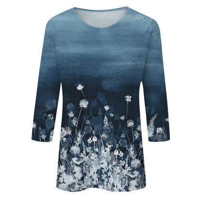 2024 Women Summer Tops Comfortable T Shirt Fashion Flower Print Round Neck 3/4 Sleeve Tops Soft Versatile Pullover Ropa De Mujer