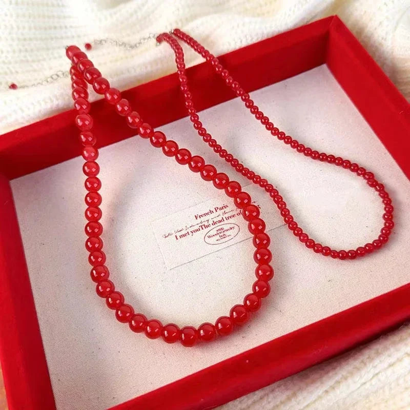 Red Beaded Necklace for Women Glass Bead Clavicle Chokers Exquisite Elegant Neck Necklace Aesthetic Jewelry Party Accessories