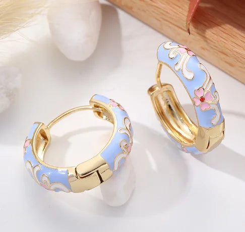 New Fashionable Colorful Round Earrings Retro Metal Enamel Floral Ear Accessories Unique Party Jewelry Gift for Women