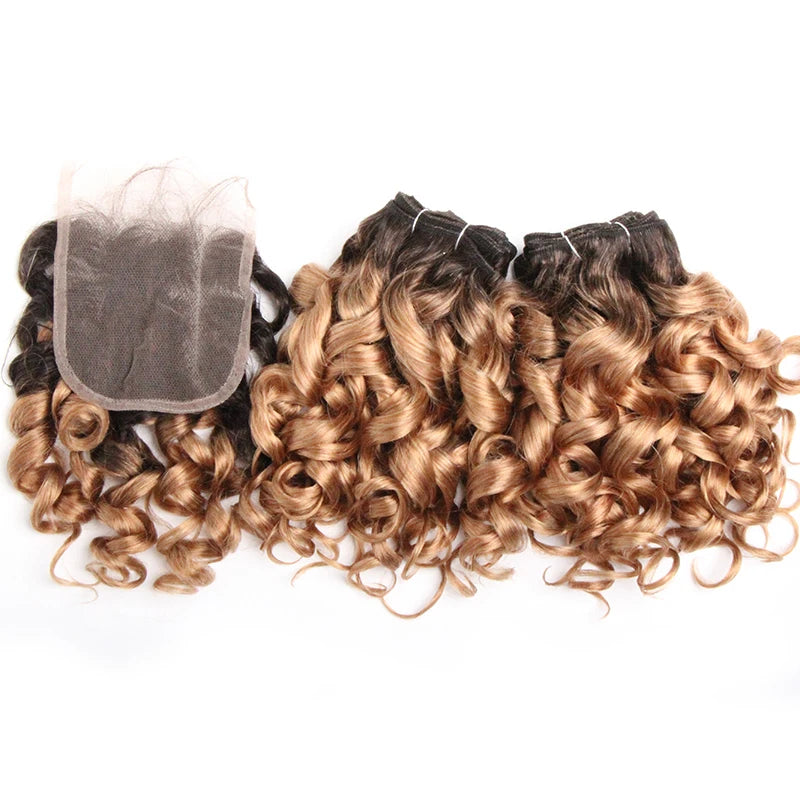 Curly Hair Bundles Brazilian Human Hair Weave 6 Bundles With Lace Closure Colored 1B/27/30/33/99J Short Hair Extension For Women