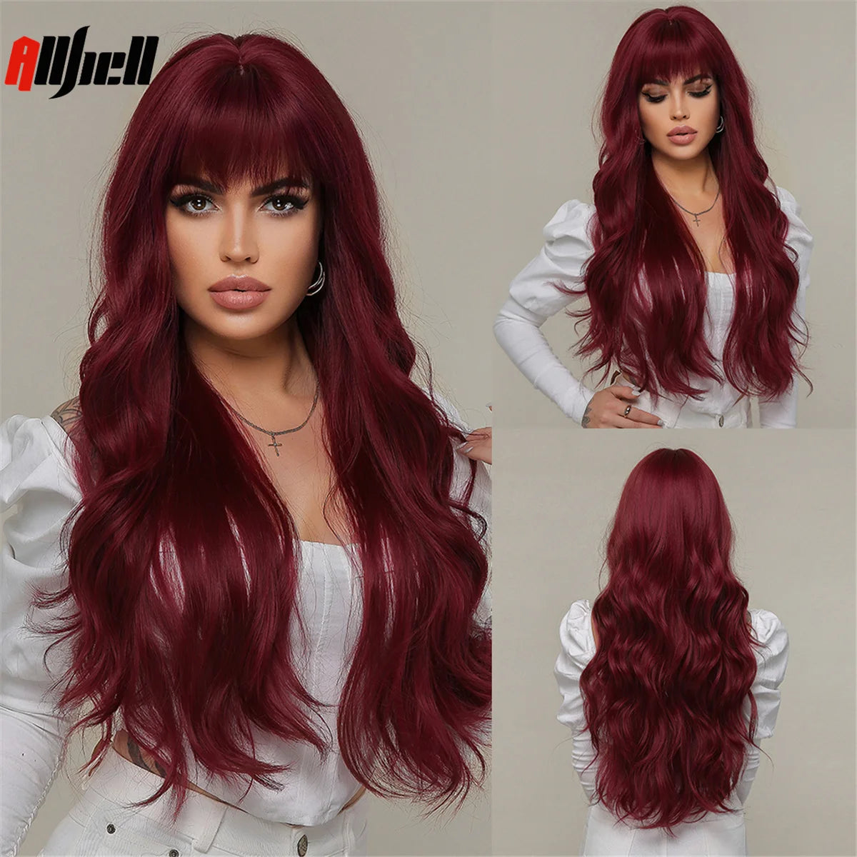 Long Wavy Wine Red Synthetic Wigs Natural Wave Afro Wigs With Bangs for Black Women Cosplay Costume Wig Heat Resistant Fiber