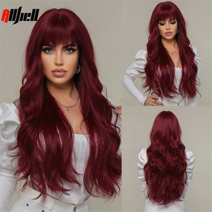 Long Wavy Wine Red Synthetic Wigs Natural Wave Afro Wigs With Bangs for Black Women Cosplay Costume Wig Heat Resistant Fiber