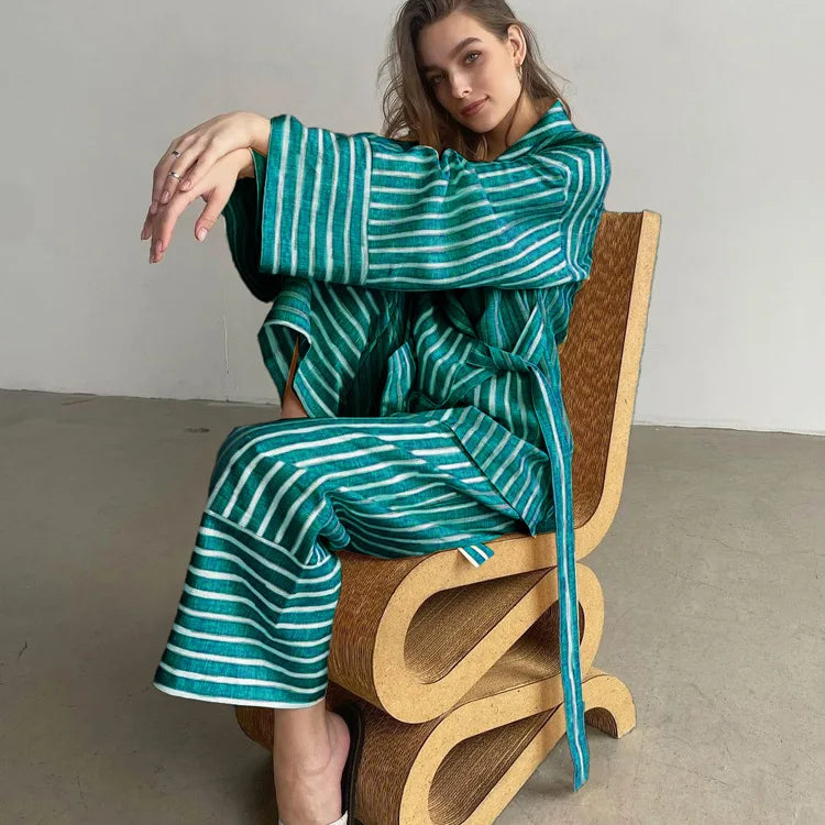 Women's Dress Sets Autumn New Striped Long-sleeved Loose Lace-up Top High-waisted Trousers Fashion Casual Suit for Women