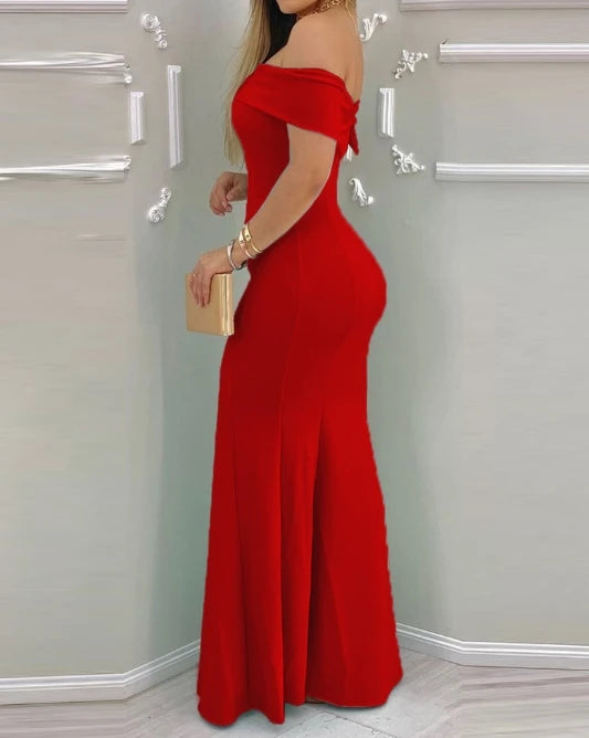 Women's Evening Dress 2025 Spring/summer Red short sleeve Ruffle Hem Bodycon Dress Wrap Hip High Waist Party Tight Maxi Dress