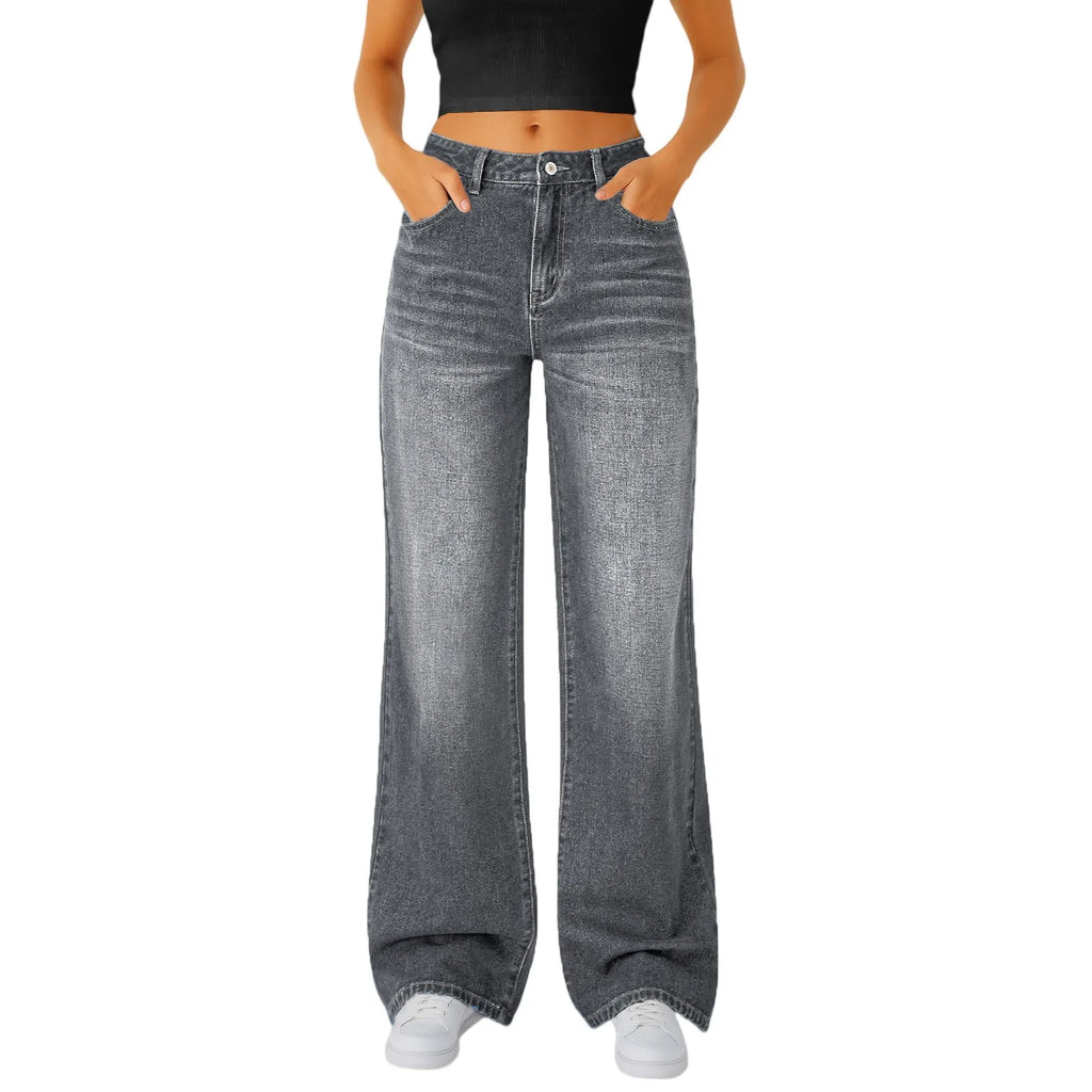 Jeans Women Straight Long Pants Casual Floor Length Mom Pant Blue High Waist Elegant Zipper Fly Pockets Slim Y2k Denim Trousers