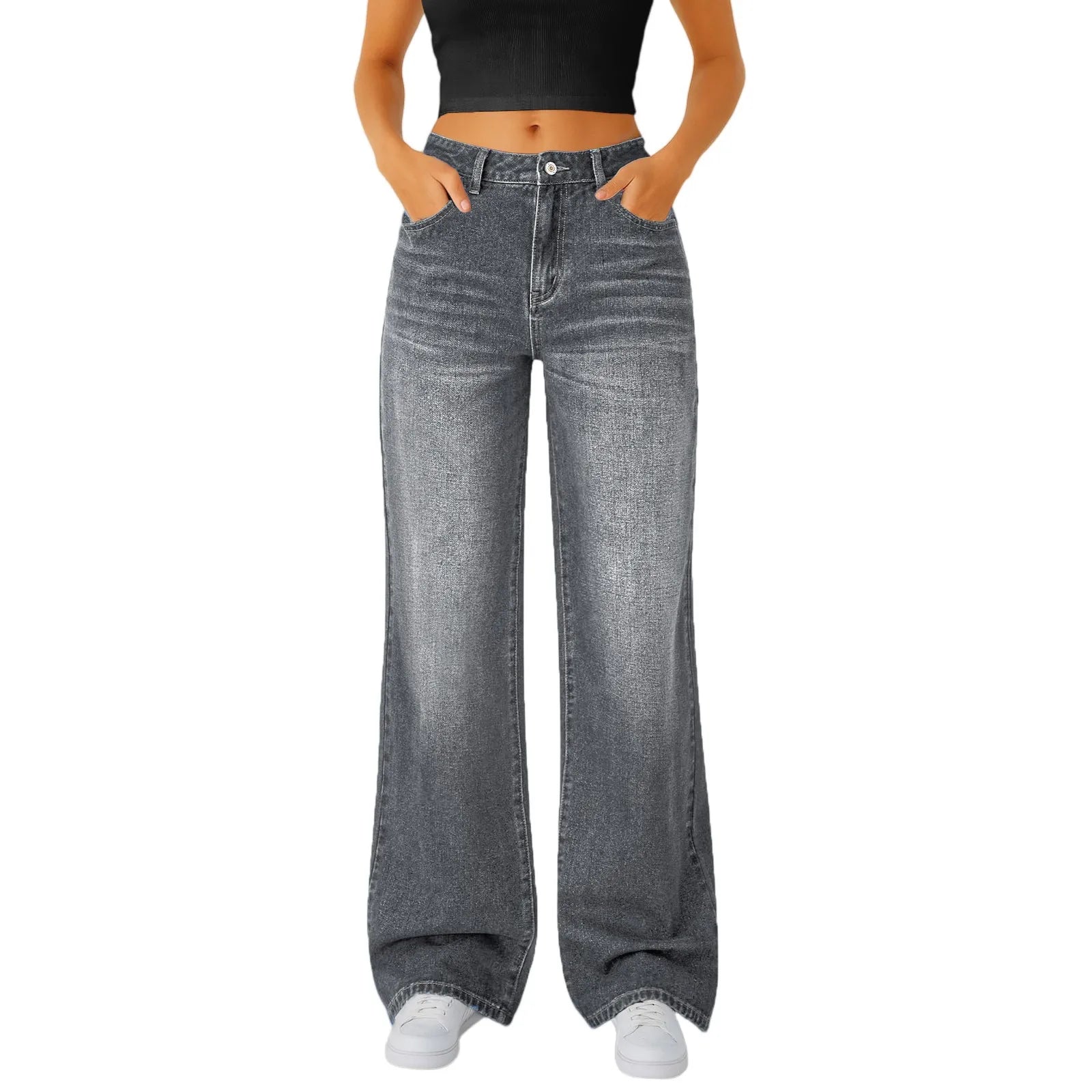 Jeans Women Straight Long Pants Casual Floor Length Mom Pant Blue High Waist Elegant Zipper Fly Pockets Slim Y2k Denim Trousers