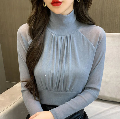 Tops Woman Autumn Winter Red Long Sleeve T Shirt for Women Rhinestone Turtleneck Glitter Sequin Cheap Clothes Elegant Clearance