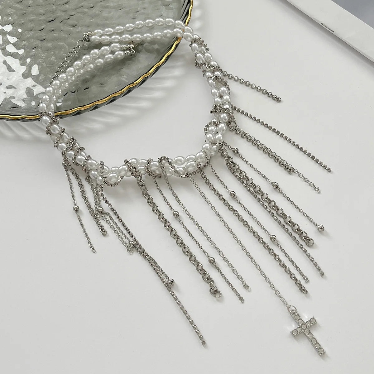 Necklaces for Women Heart-shaped Cross Imitation Pearl Tassel Long Necklace Colliers Femmes Girl Stuff