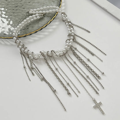 Necklaces for Women Heart-shaped Cross Imitation Pearl Tassel Long Necklace Colliers Femmes Girl Stuff