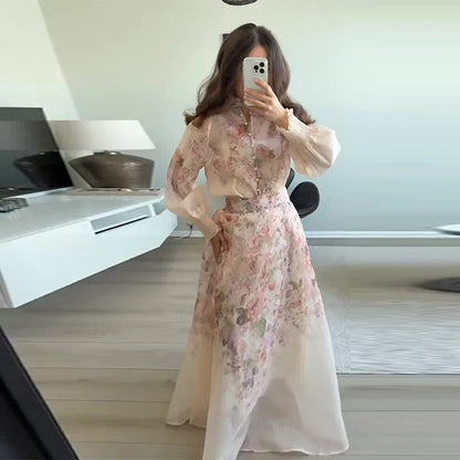 Elegant Floral Printed Long Skirts Set Women Loose Full Sleeve Single Breasted Shirts Pleated Skirt 2025 Summer Lady New Suits