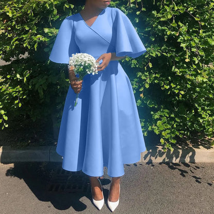 Dress Women Sexy Dresses White Round Neck Flare Sleeve Party Sheath Pleated High Waist Work Elegant Bodycon Mid Length Vestidos