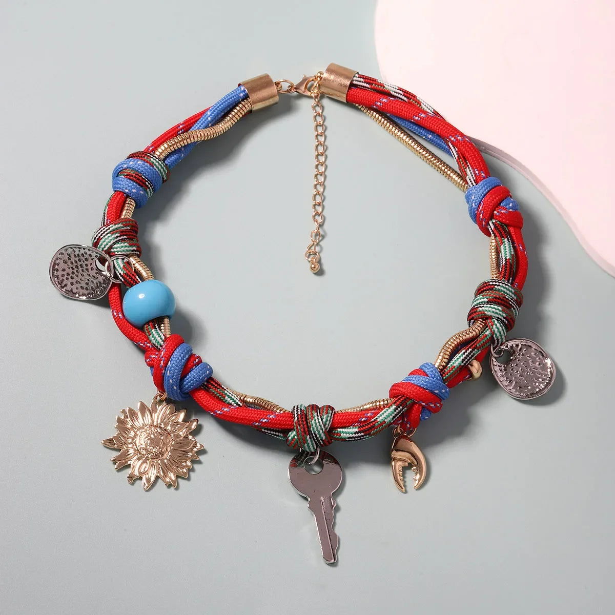Coloured Cord Necklaces For Women Statement Accessory With Charms Bohemian Vintage Key Crab Clap Flower Choker Rope Necklace
