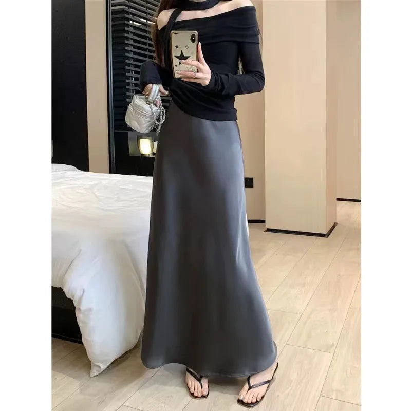 Long Skirts for Women High-waisted Thin Satin Acetate Silky Fishtail Skirt Korean Fashion Clothing Elegant Women's A-line Skirt