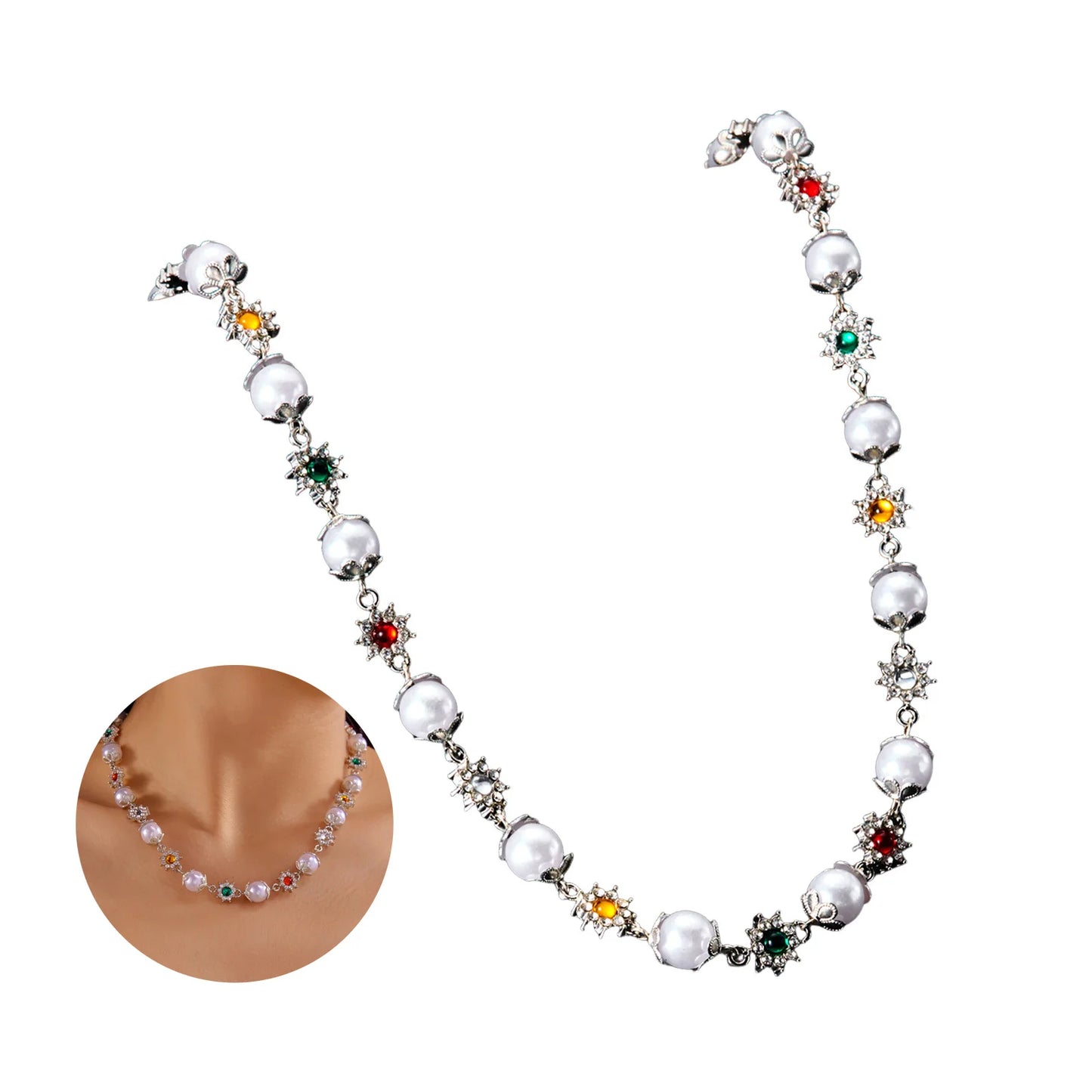 2025 New Flower Necklace For Women Trendy Pearl Patchwork Colorful Flower Neck Chain Light Luxury Jewelry Neck Accessories