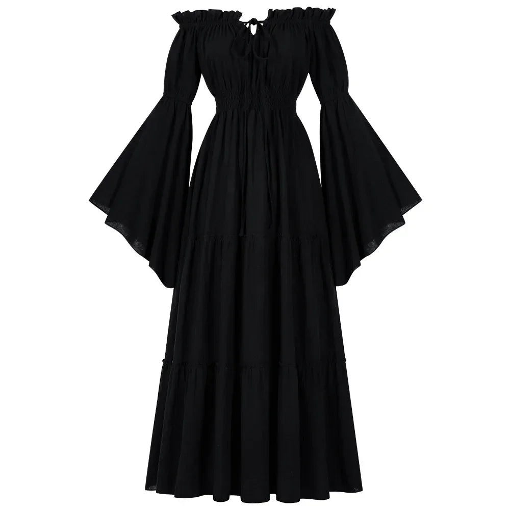 Women Renaissance Irish Dress Off Shoulder Medieval Peasant Dress Pirate Costume Wench Retro Gown Smocked Waist Maxi Long Dress