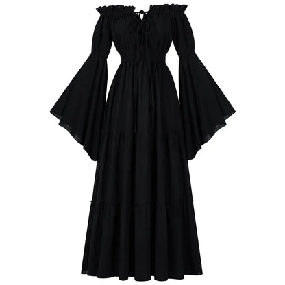 Women Renaissance Irish Dress Off Shoulder Medieval Peasant Dress Pirate Costume Wench Retro Gown Smocked Waist Maxi Long Dress