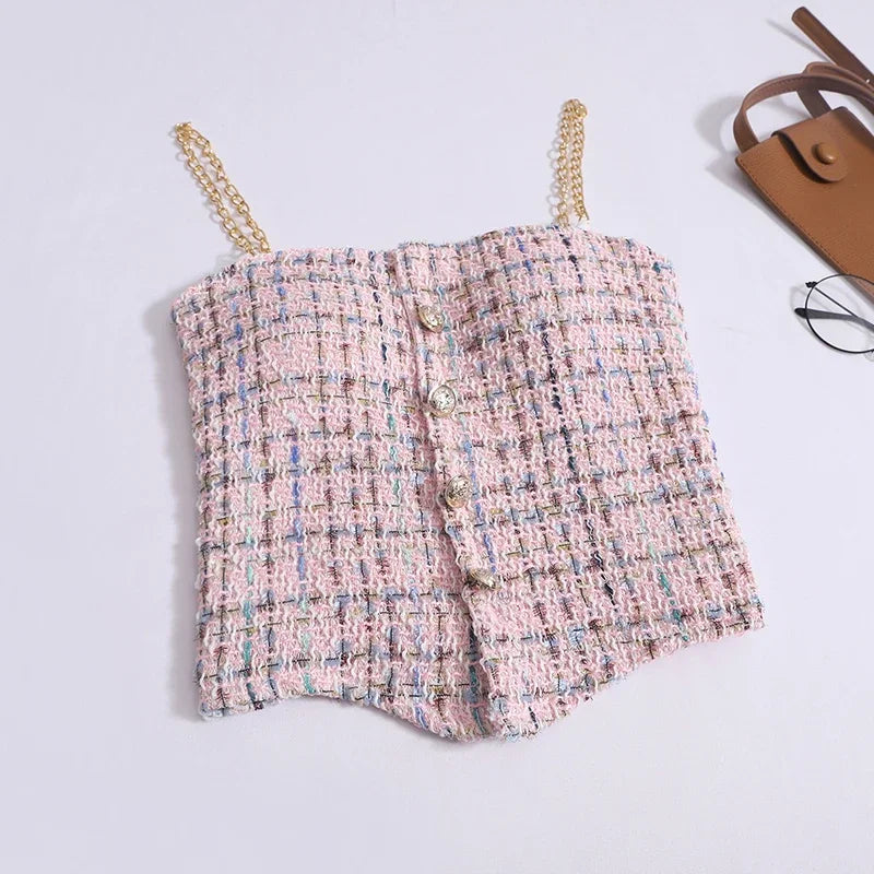 Women Summer Tweed Chain Chic Tank Tops Buttons Off Shoulder with Bra Pad Crop Tops Pleated Sexy Backless Sleeveless Sweet Camis