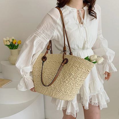 Women Woven Tote Bag Simple Woven Handbag Large Capacity Stylish Weaving Bag Tote Clutch Bags Chic Hobo Bag for Party Vacation