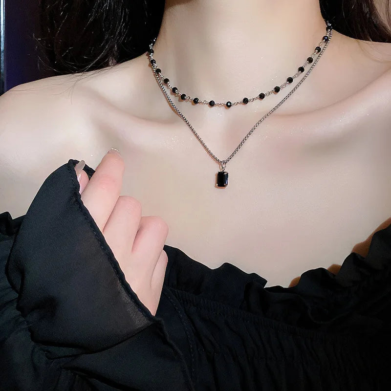 Shiny Black Chokers Necklaces for Women 2022 Trend Double Layer Beaded Chain Geometry Charm Necklace Jewelry