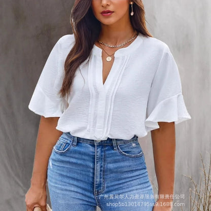 Tops Women Blouse Top Flare Sleeve V Neck Summer Casual Loose Bell Sleeve Work Simple Tees Y2k Streetwear Elegant Splice 2025