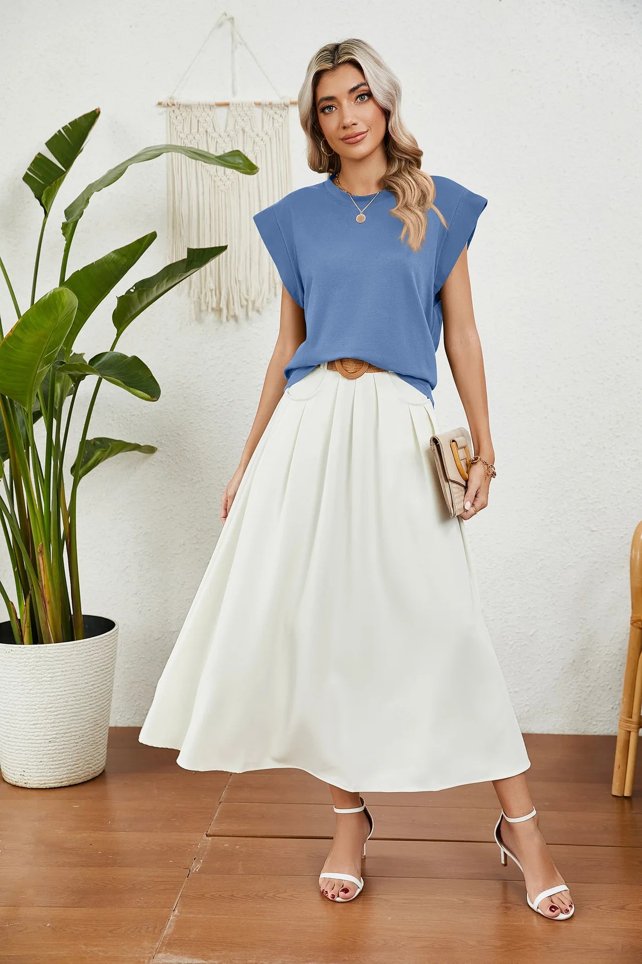 Tops for Women Trendy Summer Casual Short Sleeve Basic Textured Stripe Solid Color Round Neck T Shirts Blouse 2024