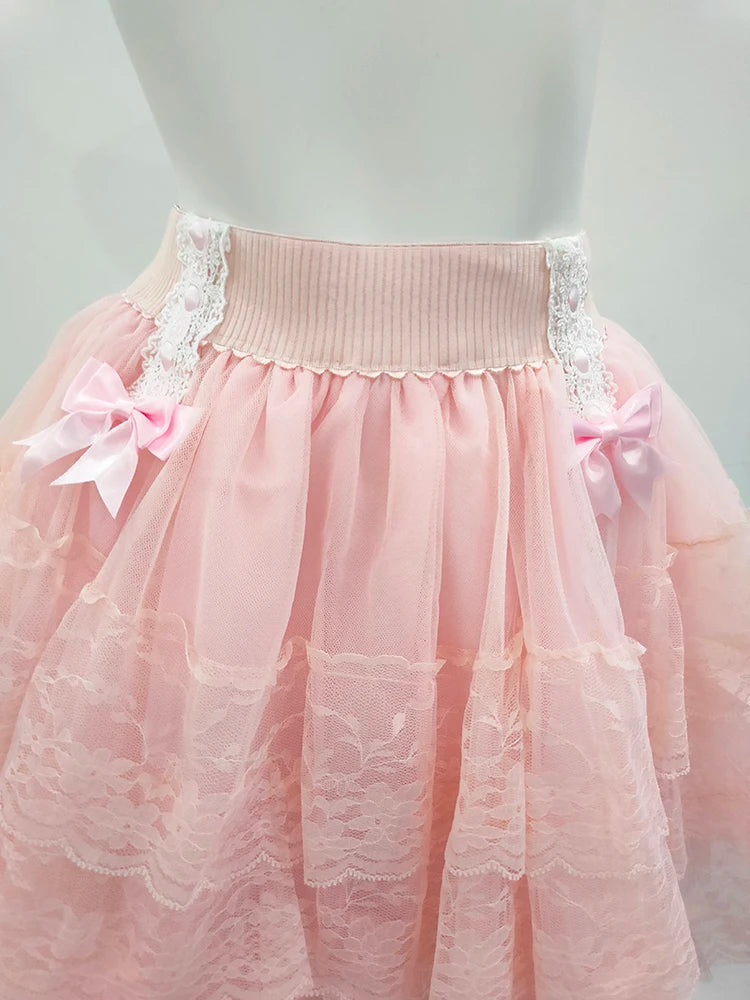 Pink Skirts for Sweet Girls Summer Bows Decoration Elastic Waist Lolita Style Multilayered Lace Skirt Kawaii Clothes