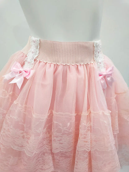 Pink Skirts for Sweet Girls Summer Bows Decoration Elastic Waist Lolita Style Multilayered Lace Skirt Kawaii Clothes