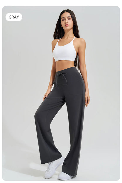 Women's High Waist Yoga Pants Gym Loose Running Yoga Pants Double Side Brushed with Pockets Pants Ties