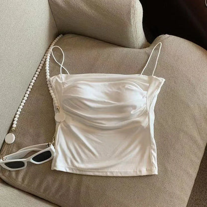 Sleeveless Tees Tank Tops For Women Camisole Vest Cropped Top Slim Fit Solid Color Spaghetti Strap Built In Bra Women Clothes