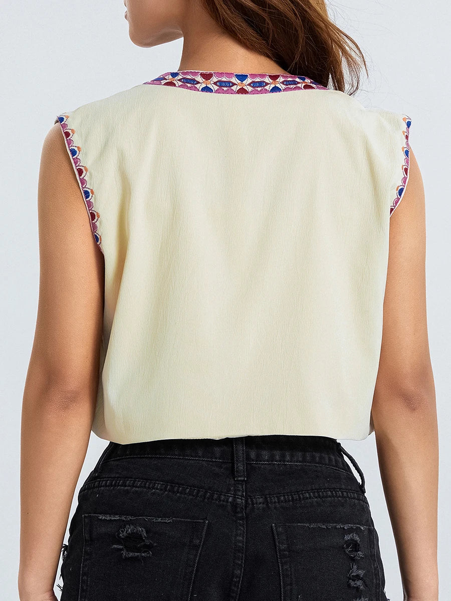 Women Vintage Embroidered Crop Vest Top Y2K Boho Floral Sleeveless Open Front Cardigan Flower Linen Vest Waistcoat Gilet Outwear