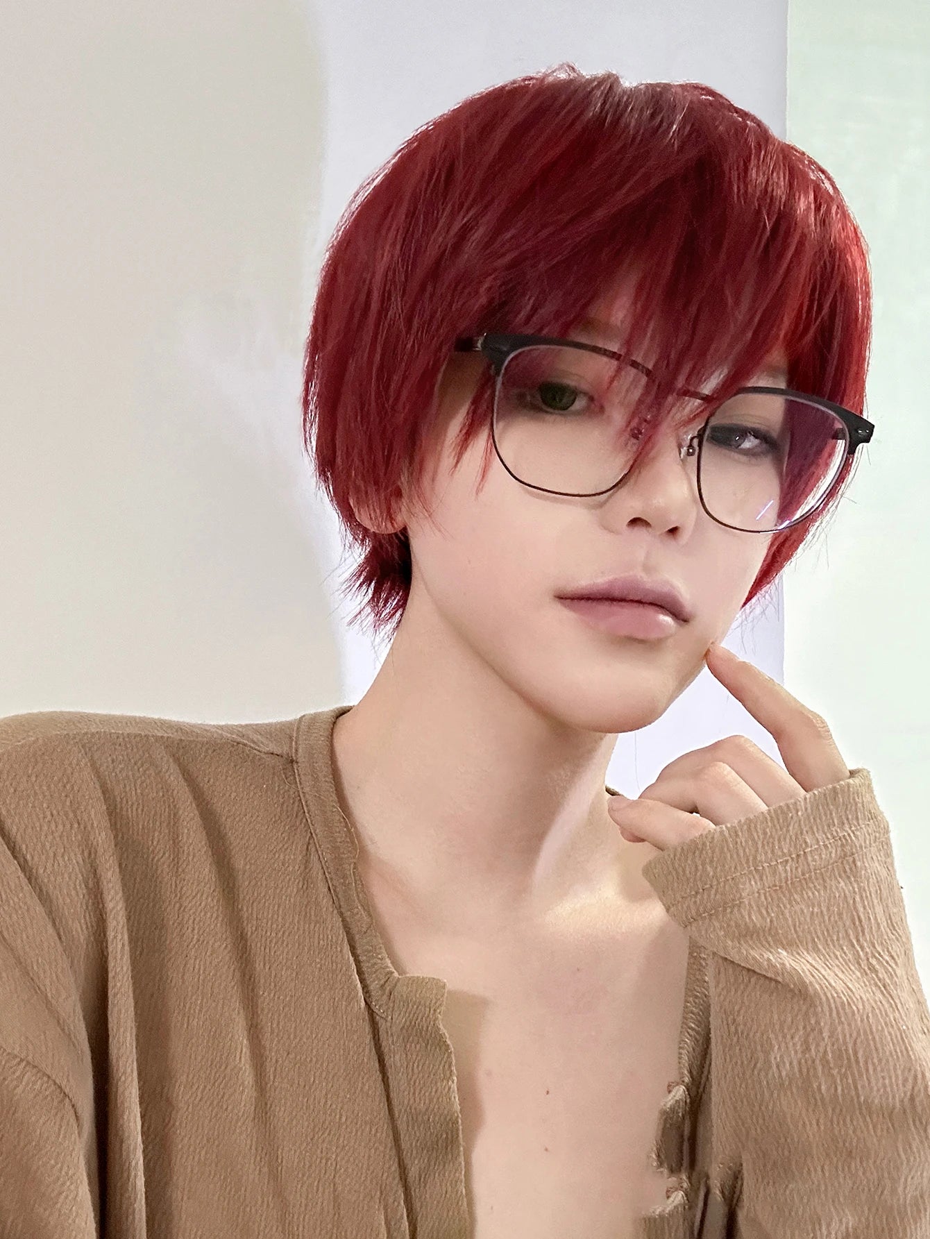 8Inch Wine Red Color Handsome Synthetic Wigs With Bang Short Straight Hair Wig For Man or Women Daily Use Cosplay Heat Resistant