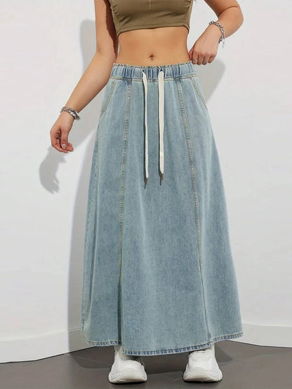 Harajuku Denim Skirt y2k Aesthetic Elastic Drawstring High Waist A Line Flare Jean Skirt Ladies Vintage Skirts Streetwear